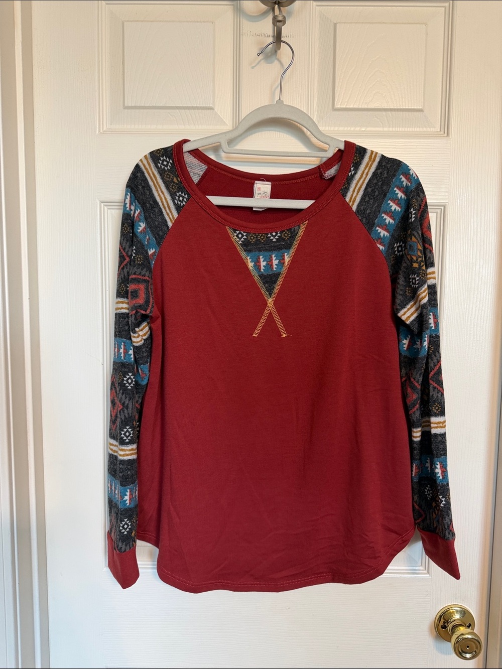 7th Ray Red Raglan Top with Patterned Aztec-Print Sleeves